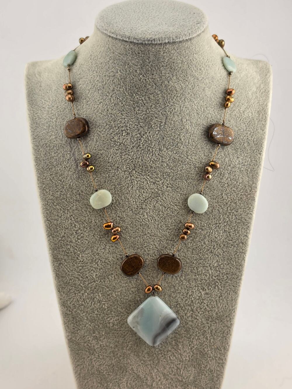 Vintage Chemical Bank Necklace 925 Sterling Silver Real Pearls Natural Stones